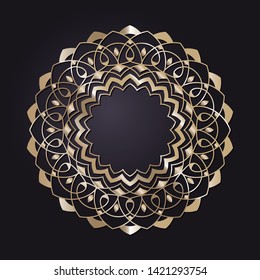 Decorative round gold frame for design with a abstract floral ornament. Circle frame. Elegant element for printing of cards, invitations, books, for textiles, engraving, forging. Vector.