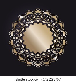 Decorative round gold frame for design with a abstract floral ornament. Circle frame. Elegant element for printing of cards, invitations, books, for textiles, engraving, forging. Vector.