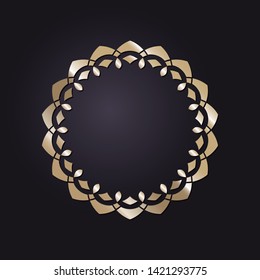 Decorative round gold frame for design with a abstract floral ornament. Circle frame. Elegant element for printing of cards, invitations, books, for textiles, engraving, forging. Vector.