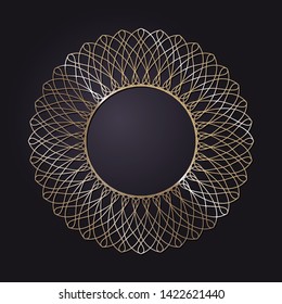 Decorative round gold frame for design with a abstract floral ornament. Circle frame. Elegant element for printing of cards, invitations, books, for textiles, engraving, forging. Vector.