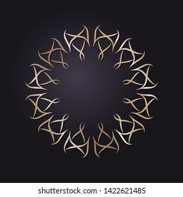 Decorative round gold frame for design with a abstract floral ornament. Circle frame. Elegant element for printing of cards, invitations, books, for textiles, engraving, forging. Vector.