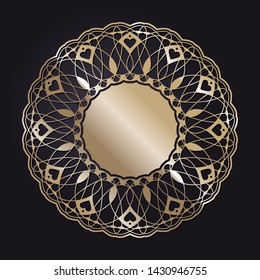 Decorative round gold frame for design with a abstract floral ornament. Circle frame. Elegant element for printing of cards, invitations, books, for textiles, engraving, forging. Vector.