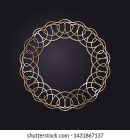 Decorative round gold frame for design with a abstract floral ornament. Circle frame. Elegant element for printing of cards, invitations, books, for textiles, engraving, forging. Vector.