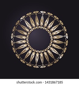 Decorative round gold frame for design with a abstract floral ornament. Circle frame. Elegant element for printing of cards, invitations, books, for textiles, engraving, forging. Vector.