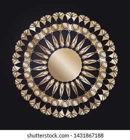 Decorative round gold frame for design with a abstract floral ornament. Circle frame. Elegant element for printing of cards, invitations, books, for textiles, engraving, forging. Vector.