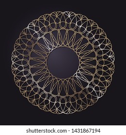 Decorative round gold frame for design with a abstract floral ornament. Circle frame. Elegant element for printing of cards, invitations, books, for textiles, engraving, forging. Vector.