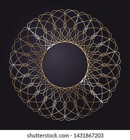 Decorative round gold frame for design with a abstract floral ornament. Circle frame. Elegant element for printing of cards, invitations, books, for textiles, engraving, forging. Vector.