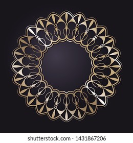 Decorative round gold frame for design with a abstract floral ornament. Circle frame. Elegant element for printing of cards, invitations, books, for textiles, engraving, forging. Vector.