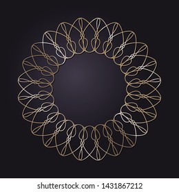 Decorative round gold frame for design with a abstract floral ornament. Circle frame. Elegant element for printing of cards, invitations, books, for textiles, engraving, forging. Vector.