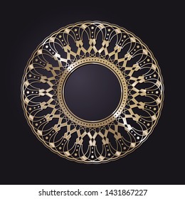 Decorative round gold frame for design with a abstract floral ornament. Circle frame. Elegant element for printing of cards, invitations, books, for textiles, engraving, forging. Vector.
