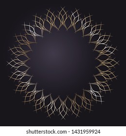 Decorative round gold frame for design with a abstract floral ornament. Circle frame. Elegant element for printing of cards, invitations, books, for textiles, engraving, forging. Vector.