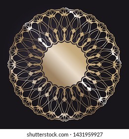Decorative round gold frame for design with a abstract floral ornament. Circle frame. Elegant element for printing of cards, invitations, books, for textiles, engraving, forging. Vector.