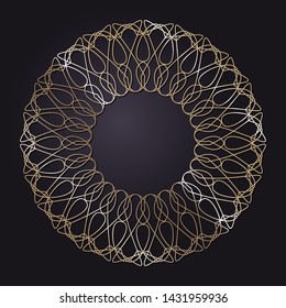 Decorative round gold frame for design with a abstract floral ornament. Circle frame. Elegant element for printing of cards, invitations, books, for textiles, engraving, forging. Vector.