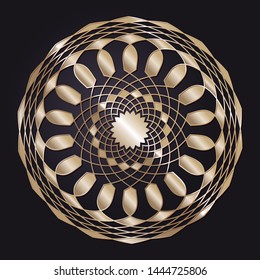 Decorative round gold frame for design with a abstract floral ornament. Circle frame. Elegant element for printing of cards, invitations, books, for textiles, engraving, forging. Vector.