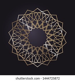 Decorative round gold frame for design with a abstract floral ornament. Circle frame. Elegant element for printing of cards, invitations, books, for textiles, engraving, forging. Vector.