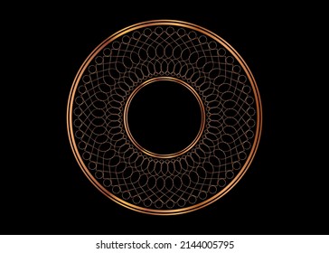 Decorative round gold frame, Mandala for design with floral ornament. Circle border template for printing postcards, invitations, books, for textiles, engraving, wooden furniture, forging. Vector