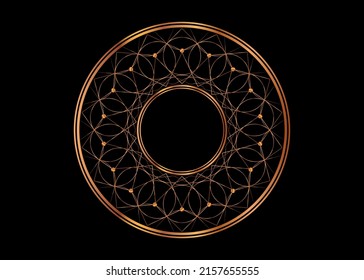 Marco dorado redondo decorativo, Mandala para el diseño con adorno floral. Plantilla de borde circular para imprimir postales, invitaciones, libros, para textiles, grabado, muebles de madera, forja. Vector