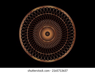 Marco dorado redondo decorativo, Mandala para el diseño con adorno floral. Plantilla de borde circular para imprimir postales, invitaciones, libros, para textiles, grabado, muebles de madera, forja. Vector