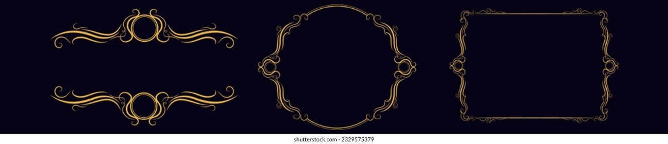 Decorative round golden frame. Antique twisted lines with gold circle in center ornate striped ornament in antique vector style.