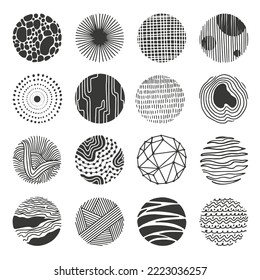 Elementos decorativos de fondo redondo. Lugar dibujado a mano, rotura de sol de garabatos y espiral. Dibujar lápiz con formas de círculo abstractas. Kit vectorial de patrón de garrapatas neotérico