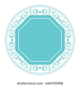 Decorative round isolated vignette frame with delicate floral motifs. With octagon shape inside. Turquoise blue on white background.