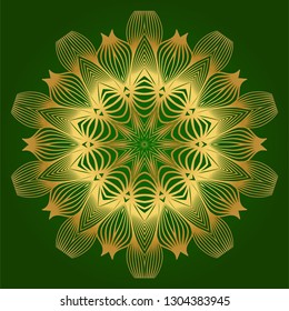 Decorative Round Lace Ornate Mandala. Vintage Vector Pattern For Print. Green gold color.