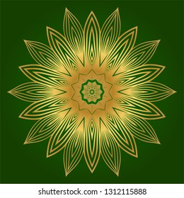 Decorative Round Lace Ornate Mandala. Vintage Vector Pattern For Print. Green gold color.