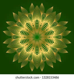 Decorative Round Lace Ornate Mandala. Vintage Vector Pattern For Print. Green gold color.