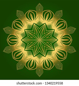 Decorative Round Lace Ornate Mandala. Vintage Vector Pattern For Print. Green gold color.