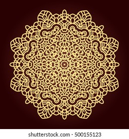 Decorative round lace ornate mandala. Round hand-drawn pattern. Colorful, bright print for invitation, wedding card, scrapbooking. Tattoo design.