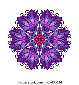 Decorative round lace ornate mandala. Round hand-drawn pattern. Colorful, bright print for invitation, wedding card, scrapbooking. Tattoo design.
