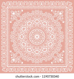 Decorative round mandala background. Doodle lace pattern with frame border. Tribal ethnic line ornament. Bandana shawl, tablecloth fabric print, silk neck scarf, kerchief design.Vector illustration