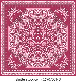 Decorative round mandala background. Doodle lace pattern with frame border. Tribal ethnic line ornament. Bandana shawl, tablecloth fabric print, silk neck scarf, kerchief design.Vector illustration
