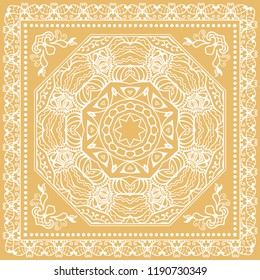Decorative round mandala background. Doodle lace pattern with frame border. Tribal ethnic line ornament. Bandana shawl, tablecloth fabric print, silk neck scarf, kerchief design.Vector illustration