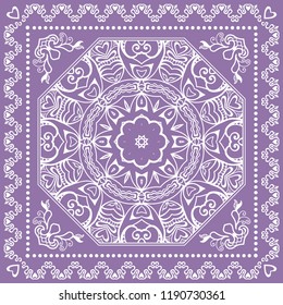 Decorative round mandala background. Doodle lace pattern with frame border. Tribal ethnic line ornament. Bandana shawl, tablecloth fabric print, silk neck scarf, kerchief design.Vector illustration