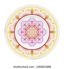 Decorative round mandala from floral elements. Vector illustration. Home decor, interior design. Set of 2 matching decorative plates for interior design. Purple, red, yellow gradient color.
