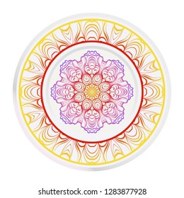 Decorative round mandala from floral elements. Vector illustration. Home decor, interior design. Set of 2 matching decorative plates for interior design. Purple, red, yellow gradient color.