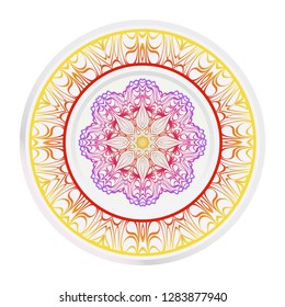 Decorative round mandala from floral elements. Vector illustration. Home decor, interior design. Set of 2 matching decorative plates for interior design. Purple, red, yellow gradient color.