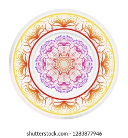 Decorative round mandala from floral elements. Vector illustration. Home decor, interior design. Set of 2 matching decorative plates for interior design. Purple, red, yellow gradient color.