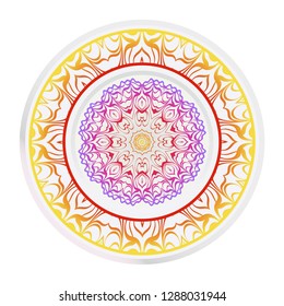 Decorative round mandala from floral elements. Vector illustration. Home decor, interior design. Set of 2 matching decorative plates for interior design. Purple, red, yellow gradient color.