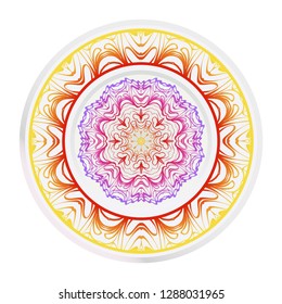 Decorative round mandala from floral elements. Vector illustration. Home decor, interior design. Set of 2 matching decorative plates for interior design. Purple, red, yellow gradient color.