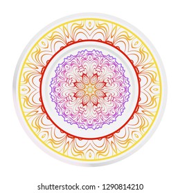 Decorative round mandala from floral elements. Vector illustration. Home decor, interior design. Set of 2 matching decorative plates for interior design. Purple, red, yellow gradient color.