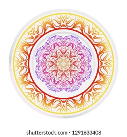 Decorative round mandala from floral elements. Vector illustration. Home decor, interior design. Set of 2 matching decorative plates for interior design. Purple, red, yellow gradient color.