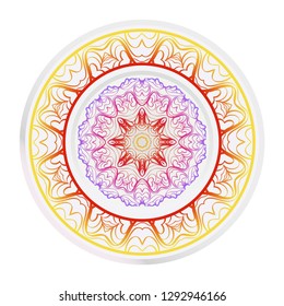 Decorative round mandala from floral elements. Vector illustration. Home decor, interior design. Set of 2 matching decorative plates for interior design. Purple, red, yellow gradient color.