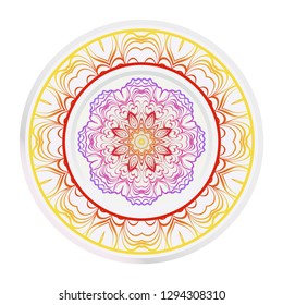 Decorative round mandala from floral elements. Vector illustration. Home decor, interior design. Set of 2 matching decorative plates for interior design. Purple, red, yellow gradient color.