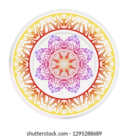 Decorative round mandala from floral elements. Vector illustration. Home decor, interior design. Set of 2 matching decorative plates for interior design. Purple, red, yellow gradient color.