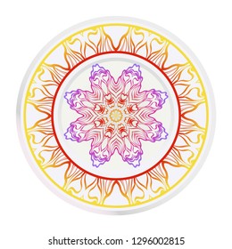 Decorative round mandala from floral elements. Vector illustration. Home decor, interior design. Set of 2 matching decorative plates for interior design. Purple, red, yellow gradient color.