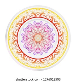 Decorative round mandala from floral elements. Vector illustration. Home decor, interior design. Set of 2 matching decorative plates for interior design. Purple, red, yellow gradient color.