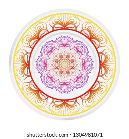 Decorative round mandala from floral elements. Vector illustration. Home decor, interior design. Set of 2 matching decorative plates for interior design. Purple, red, yellow gradient color.