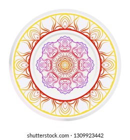 Decorative round mandala from floral elements. Vector illustration. Home decor, interior design. Set of 2 matching decorative plates for interior design. Purple, red, yellow gradient color.
